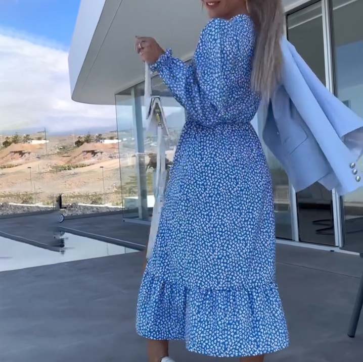 Women's Blue Printed V-neck Long-sleeve Dress