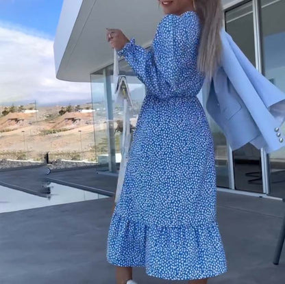Women's Blue Printed V-neck Long-sleeve Dress