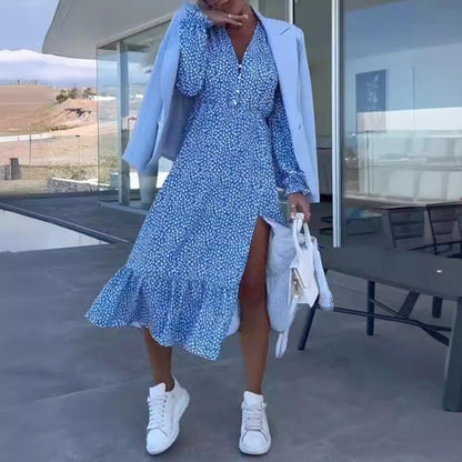 Women's Blue Printed V-neck Long-sleeve Dress