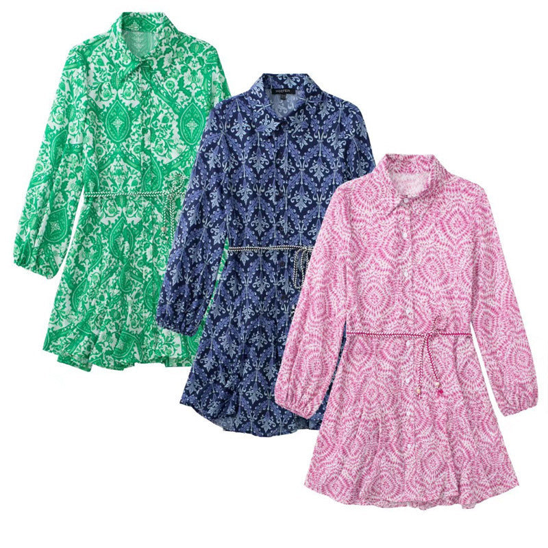 Women's Long-Sleeve Printed Shirt Dress