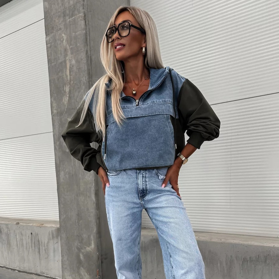 Women's Layered Hoodie Denim Jacket with Drawstring