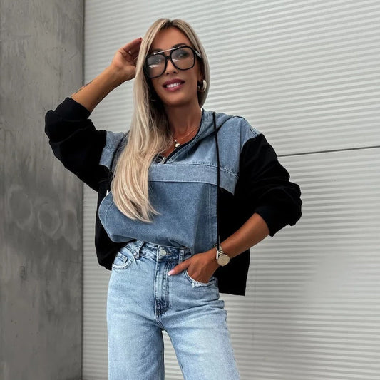 Women's Layered Hoodie Denim Jacket with Drawstring