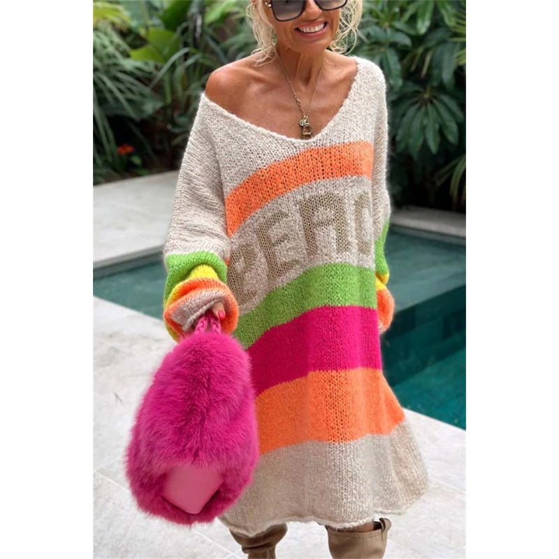 Now enjoy 50% discount🔥Color Block V-Neck Letter Print Sweater Dress