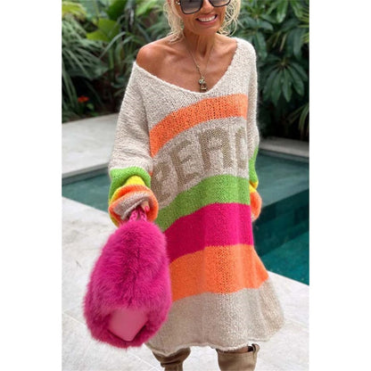 Now enjoy 50% discount🔥Color Block V-Neck Letter Print Sweater Dress