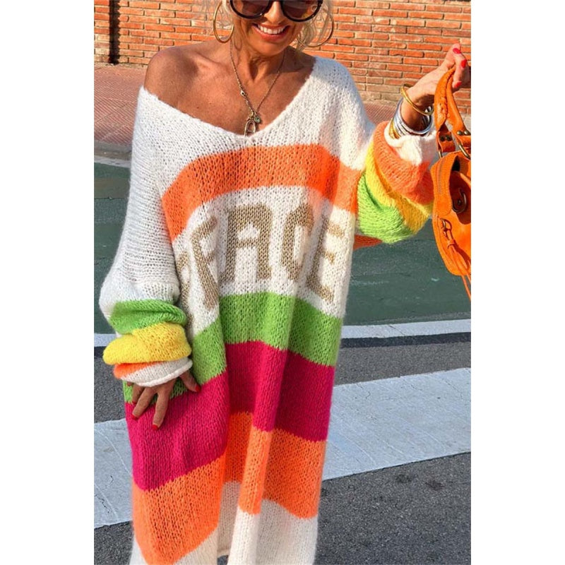 Now enjoy 50% discount🔥Color Block V-Neck Letter Print Sweater Dress