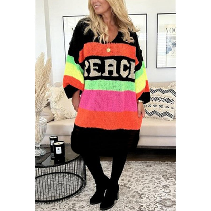 Now enjoy 50% discount🔥Color Block V-Neck Letter Print Sweater Dress