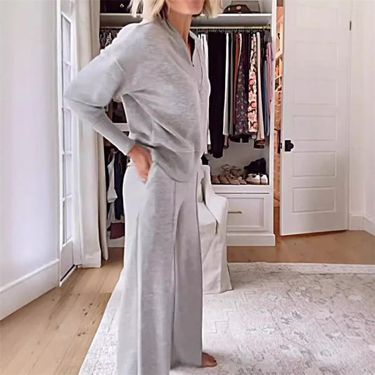 Solid Color V-neck Top & Pants Two-piece Set