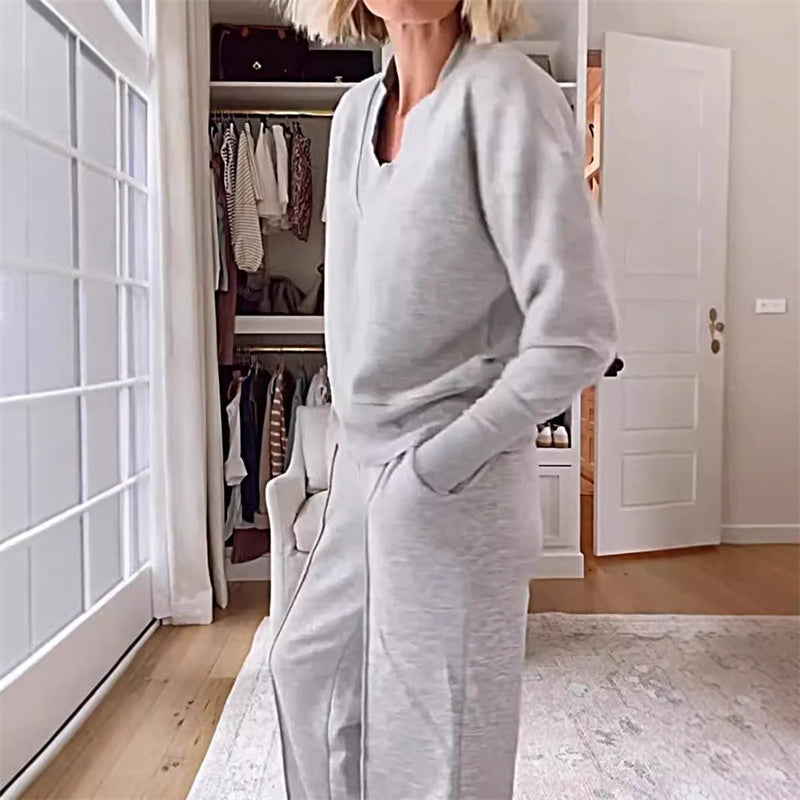 Solid Color V-neck Top & Pants Two-piece Set