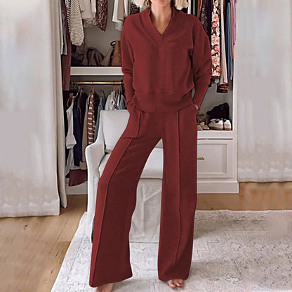 Solid Color V-neck Top & Pants Two-piece Set