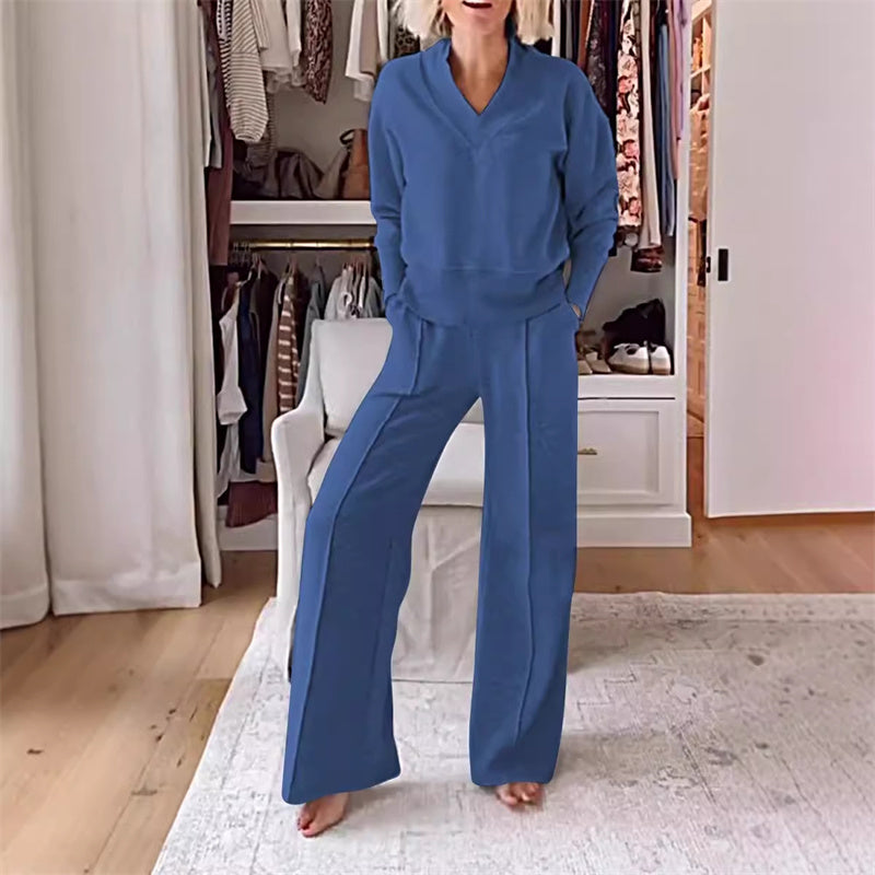 Solid Color V-neck Top & Pants Two-piece Set