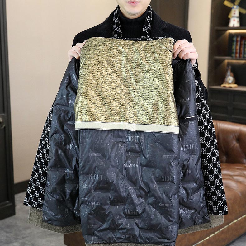 Stylish Notched Lapel Winter Tweed Jacket with White Duck Down Lining