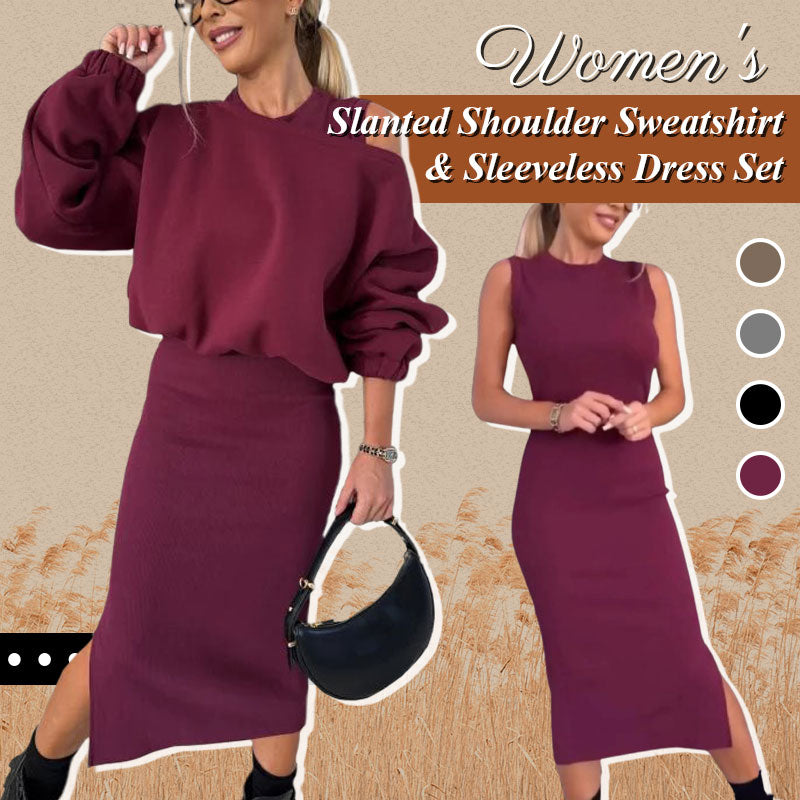 Slanted Shoulder Sweatshirt & Sleeveless Dress Set