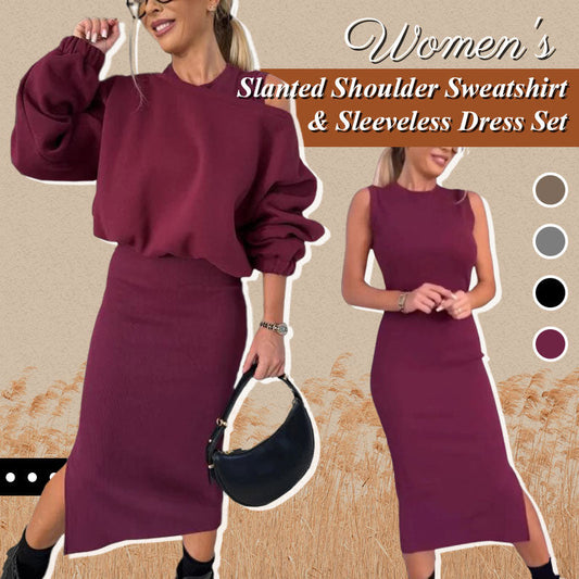 Slanted Shoulder Sweatshirt & Sleeveless Dress Set