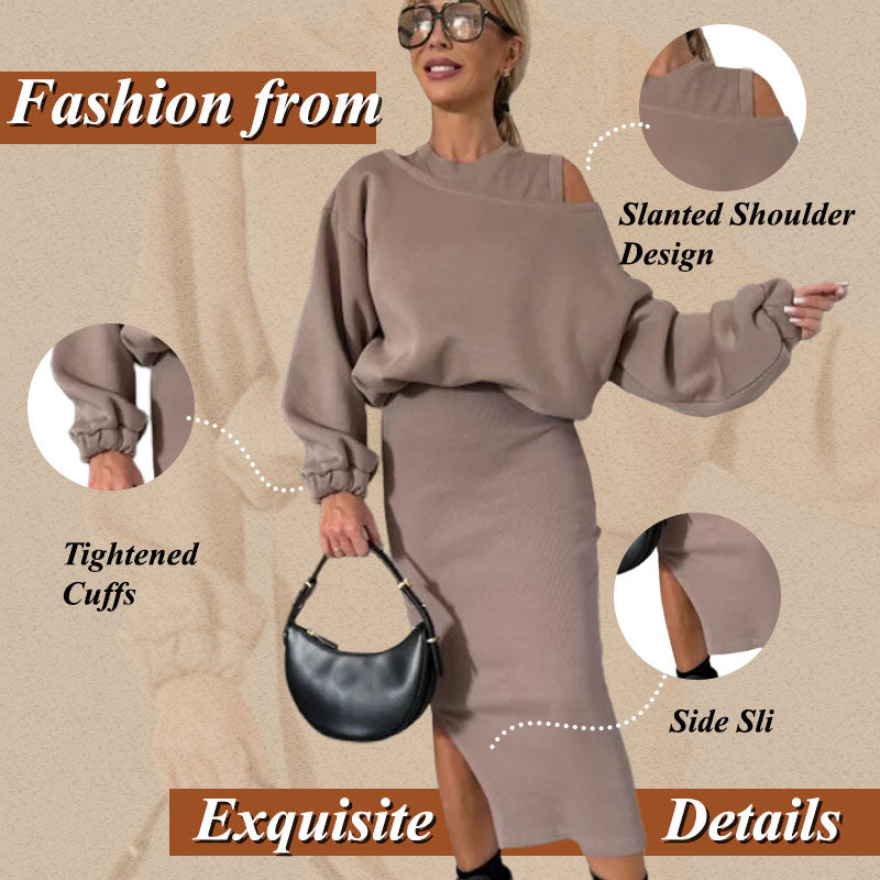 Slanted Shoulder Sweatshirt & Sleeveless Dress Set