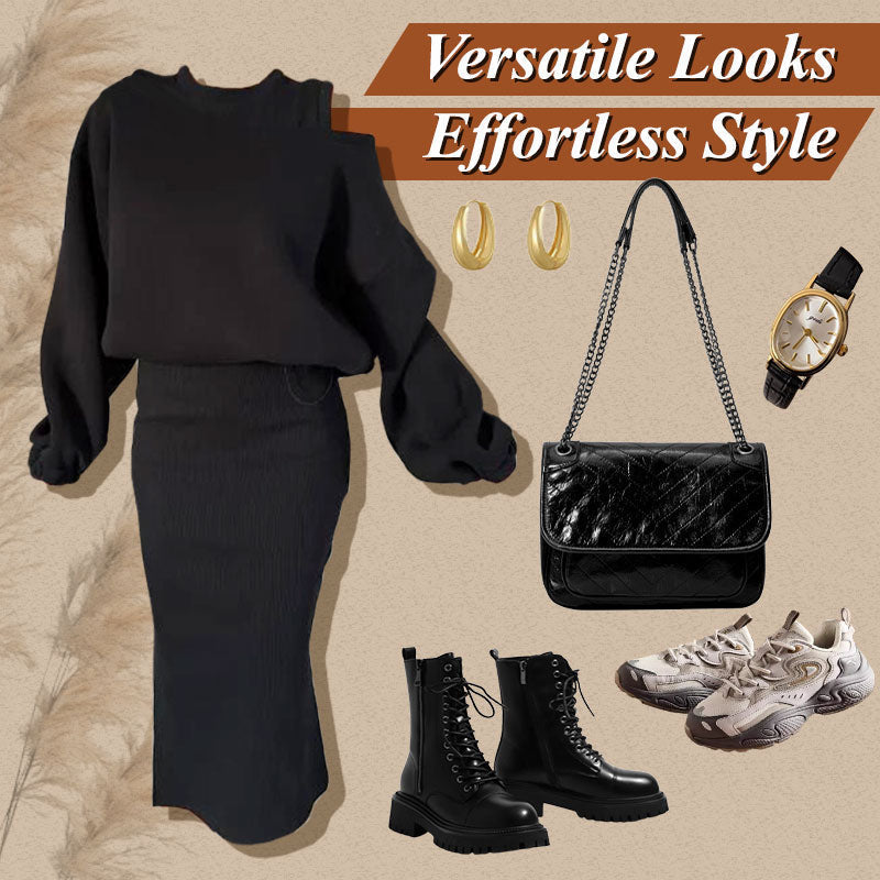 Slanted Shoulder Sweatshirt & Sleeveless Dress Set