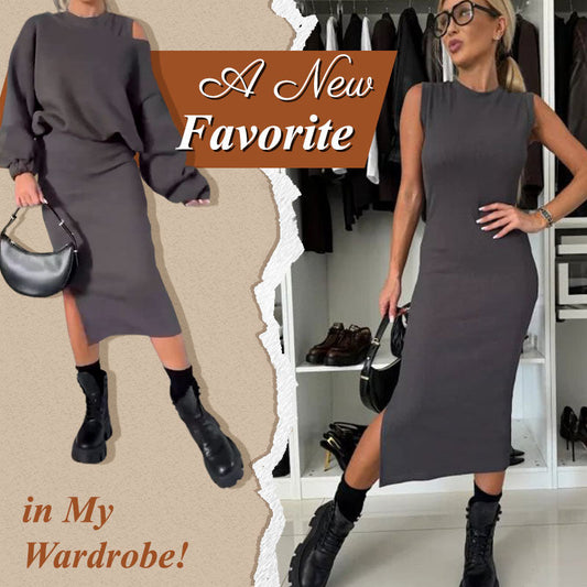 Slanted Shoulder Sweatshirt & Sleeveless Dress Set