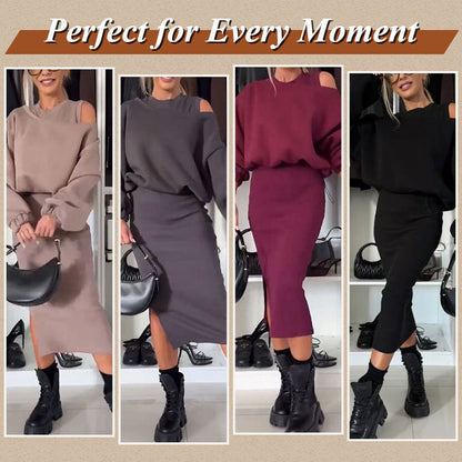 Slanted Shoulder Sweatshirt & Sleeveless Dress Set