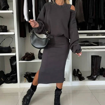 Slanted Shoulder Sweatshirt & Sleeveless Dress Set