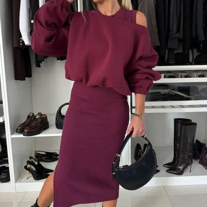 Slanted Shoulder Sweatshirt & Sleeveless Dress Set