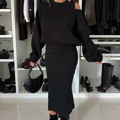 Slanted Shoulder Sweatshirt & Sleeveless Dress Set
