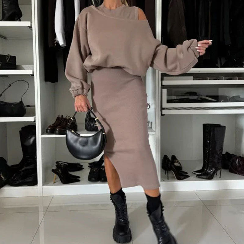 Slanted Shoulder Sweatshirt & Sleeveless Dress Set