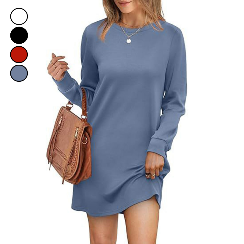 Women's Solid Round-Neck Long-Sleeve Dresses with Pockets
