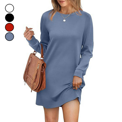 Women's Solid Round-Neck Long-Sleeve Dresses with Pockets