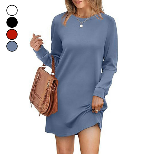Women's Solid Round-Neck Long-Sleeve Dresses with Pockets