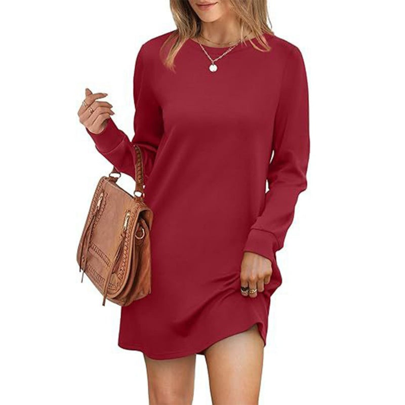Women's Solid Round-Neck Long-Sleeve Dresses with Pockets
