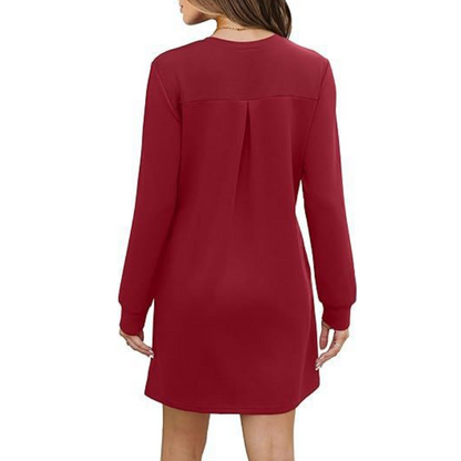 Women's Solid Round-Neck Long-Sleeve Dresses with Pockets