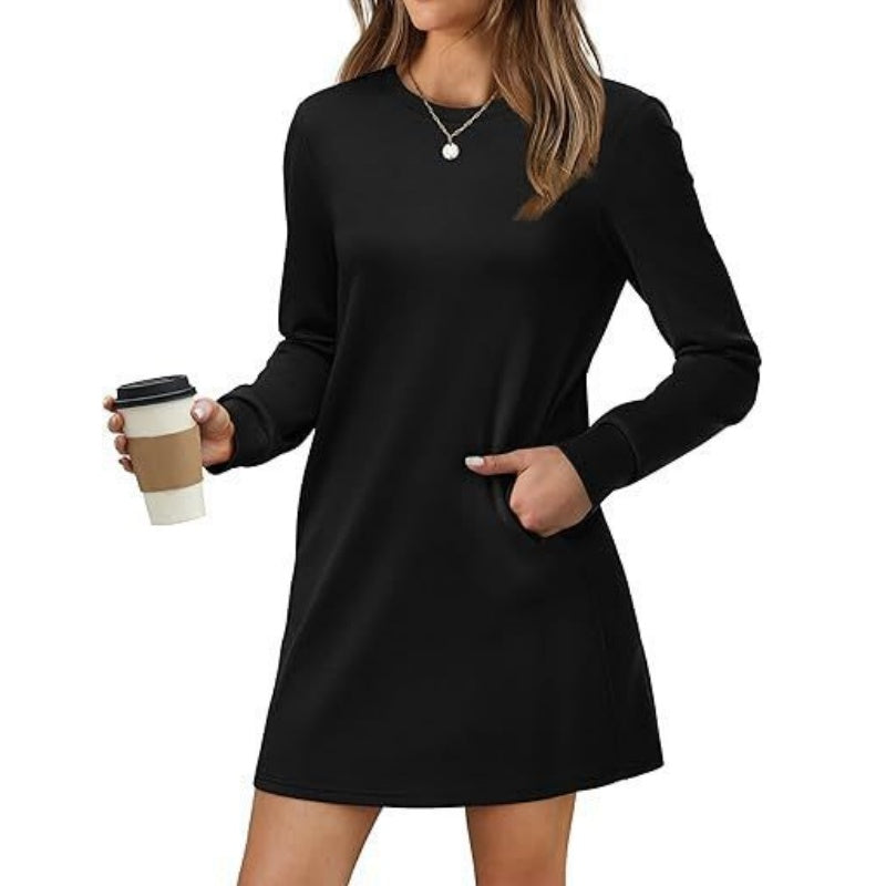 Women's Solid Round-Neck Long-Sleeve Dresses with Pockets