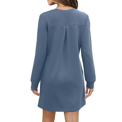 Women's Solid Round-Neck Long-Sleeve Dresses with Pockets