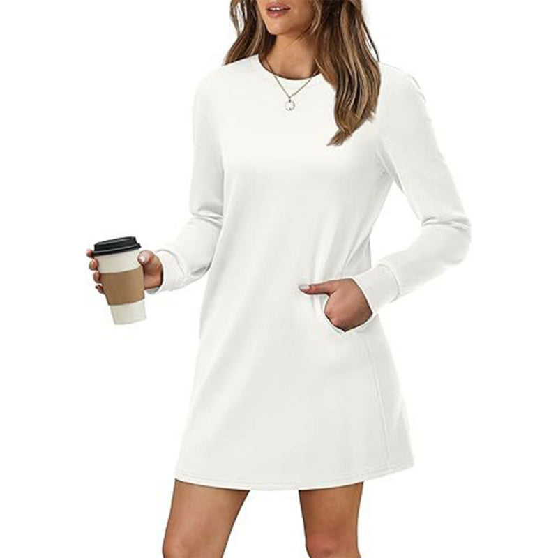 Women's Solid Round-Neck Long-Sleeve Dresses with Pockets
