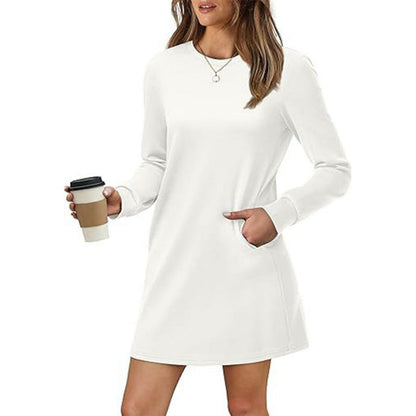Women's Solid Round-Neck Long-Sleeve Dresses with Pockets