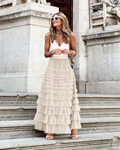 Layered maxi tulle dress with elastic waist