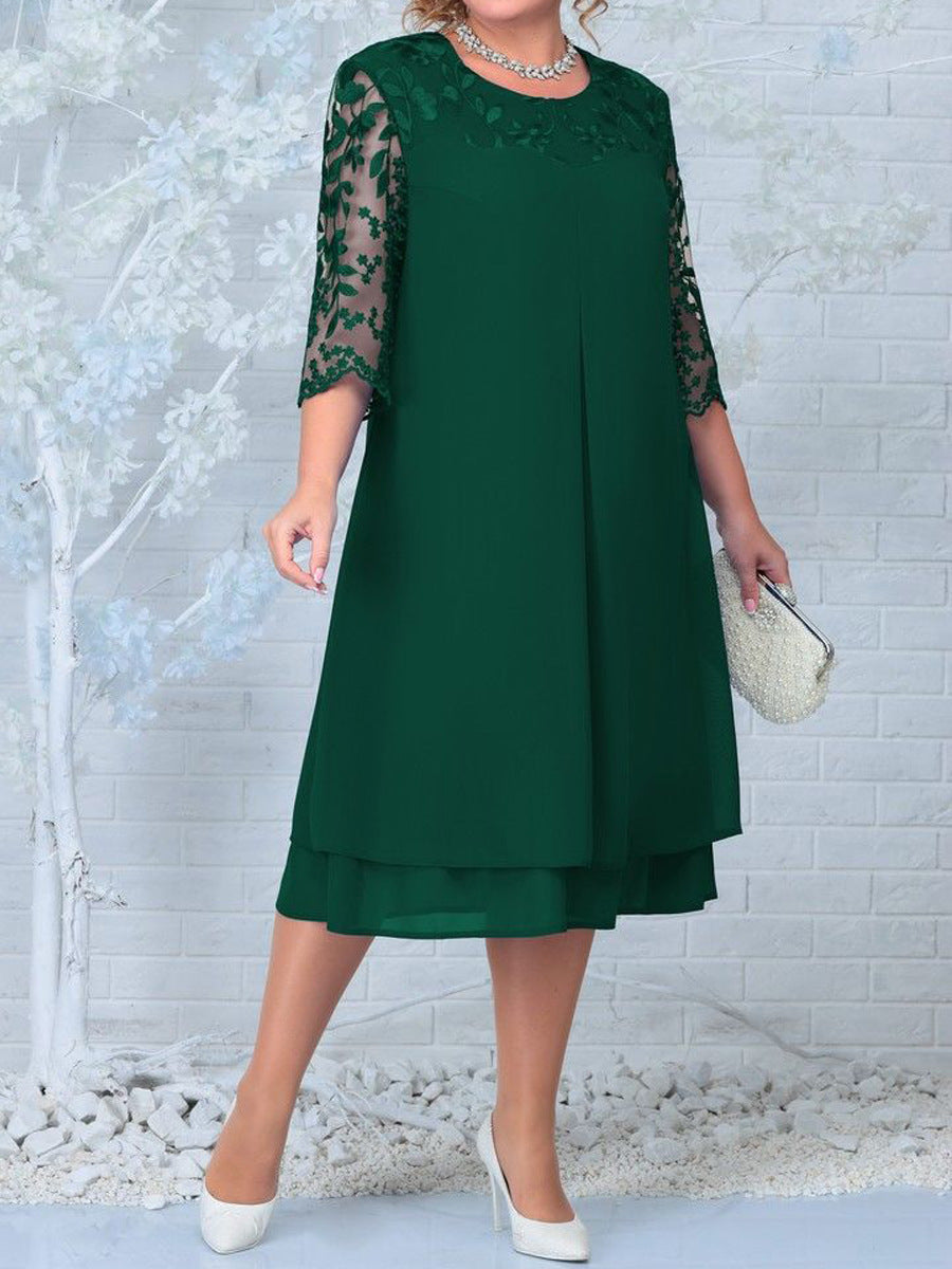 🎁Limited time 49% OFF⏳Women's Embroidered Chiffon Splicing Round Neck Dress