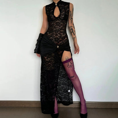 Women's Lace Hollow Out Slit Maxi Dress
