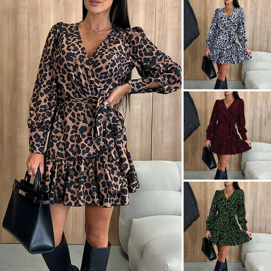 Women's Elegant Leopard Print Wrap Mini Dress
