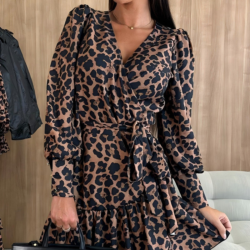 Women's Elegant Leopard Print Wrap Mini Dress