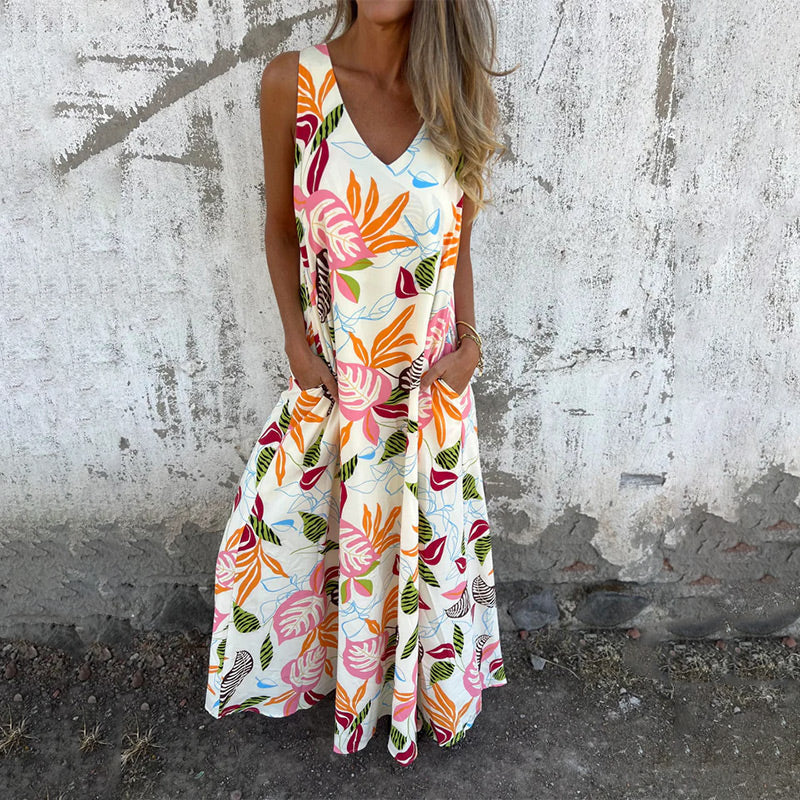 Women's Leaves Pattern V-Neck Sleeveless Floor-Length Dress
