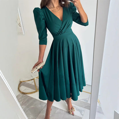 🌸Spring Specials💐 Women's V-Neck Pleated Waist-slimming Midi Dress