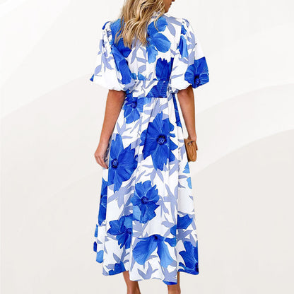 Floral Puff Sleeve A-Line Maxi Dress