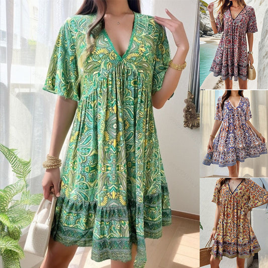 🔥BUY 2 GET 10% OFF👗Women's Flower Print V Neck Short Sleeve Mini Dress