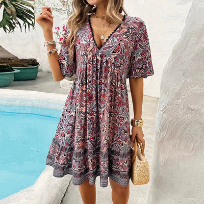 🔥BUY 2 GET 10% OFF👗Women's Flower Print V Neck Short Sleeve Mini Dress