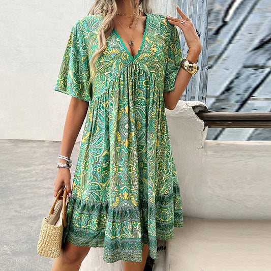 🔥BUY 2 GET 10% OFF👗Women's Flower Print V Neck Short Sleeve Mini Dress