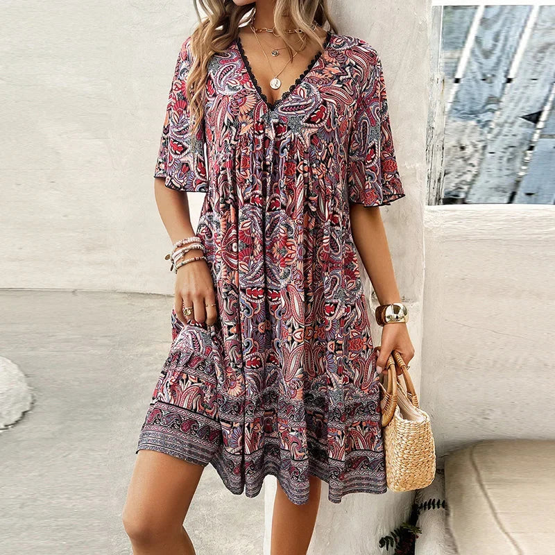 🔥BUY 2 GET 10% OFF👗Women's Flower Print V Neck Short Sleeve Mini Dress