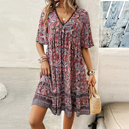 🔥BUY 2 GET 10% OFF👗Women's Flower Print V Neck Short Sleeve Mini Dress