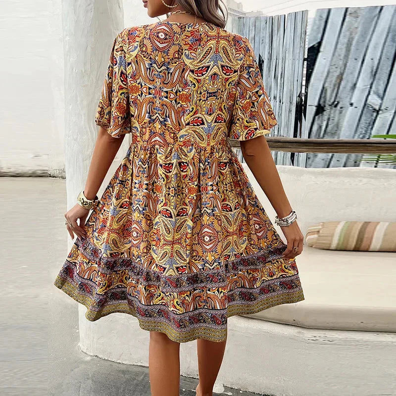 🔥BUY 2 GET 10% OFF👗Women's Flower Print V Neck Short Sleeve Mini Dress