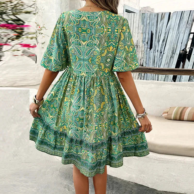 🔥BUY 2 GET 10% OFF👗Women's Flower Print V Neck Short Sleeve Mini Dress