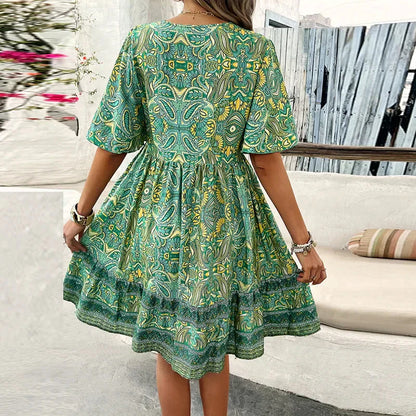 🔥BUY 2 GET 10% OFF👗Women's Flower Print V Neck Short Sleeve Mini Dress